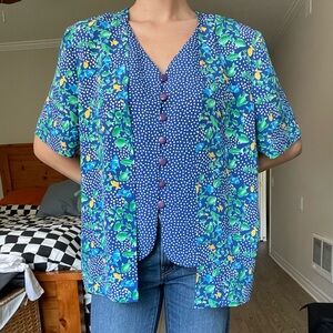 Vintage Joan Leslie blue multicolored fish patterned shirt/vest duo - size 14